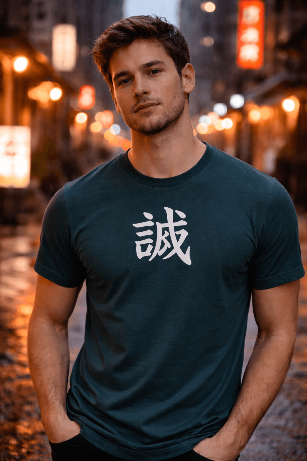 Person wearing kanji T-shirt