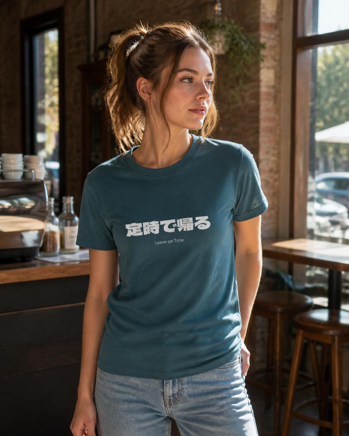 「定時で帰る」と刷られた青いTシャツを着てカフェにいる人