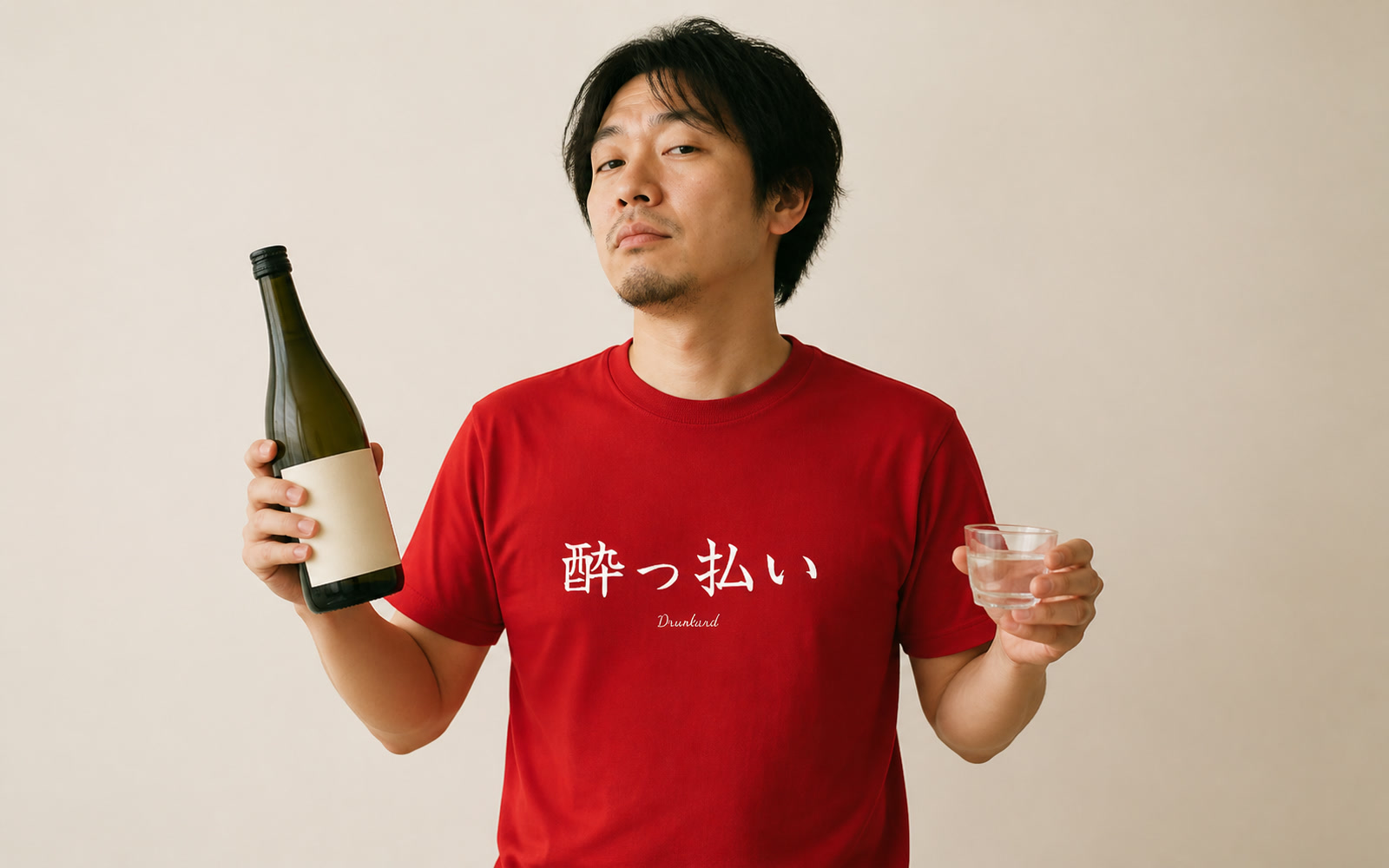 ネタTシャツを着て真顔／ドヤ顔の人物のコミカルな写真（真顔が効く）