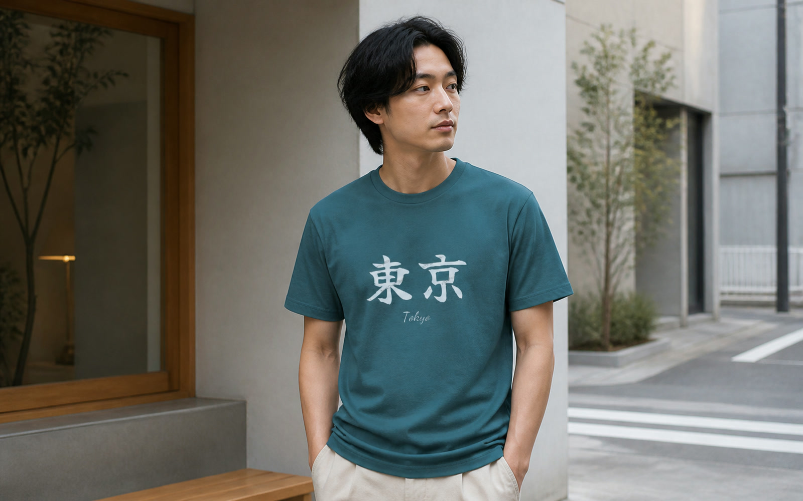 地名Tシャツを着た旅行者が街角に立つスナップ