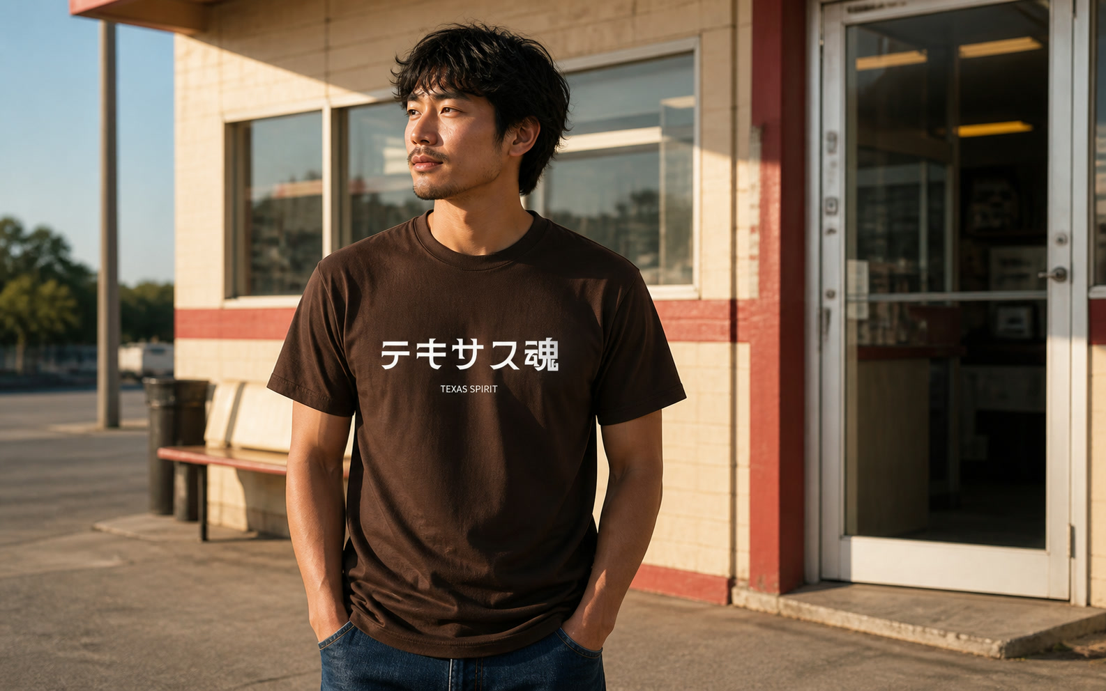 地元のダイナーやガレージの前で「テキサス魂」Tシャツを着た人物(誇らしげだが力みすぎない表情)